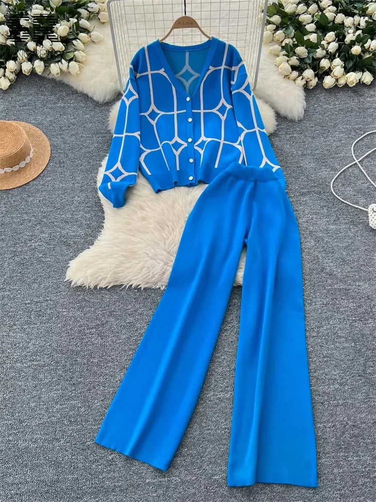 Autumn Winter Single Breasted Cardigan+Wide Leg Long Pants