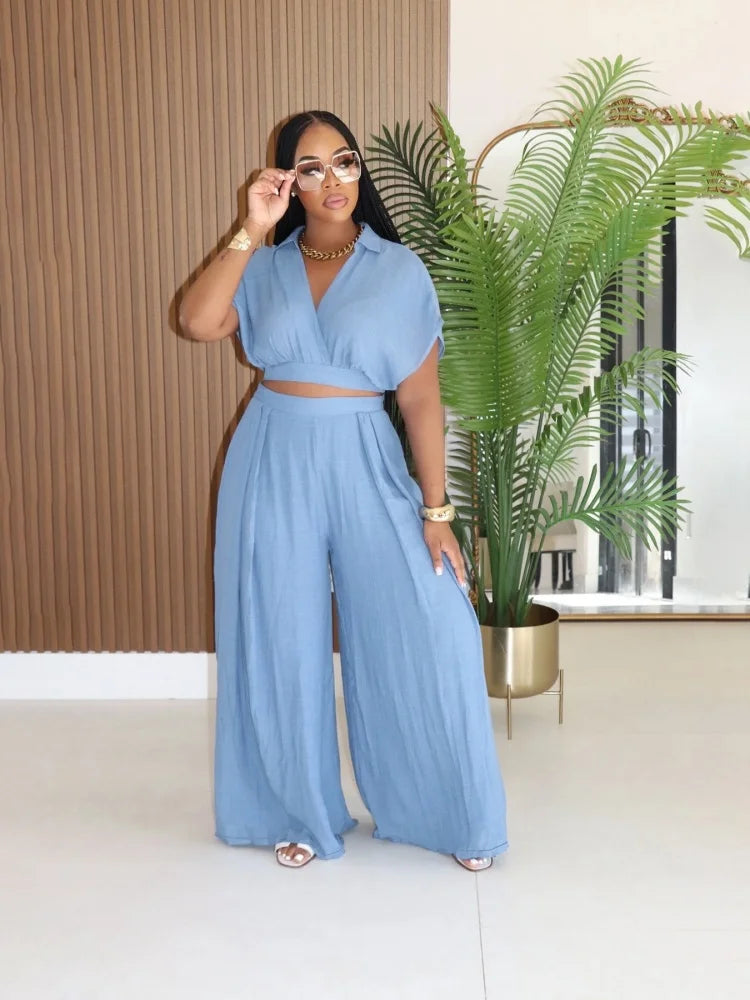 Short Sleeve Collarless Top & High-Waist Wide-Leg Pants