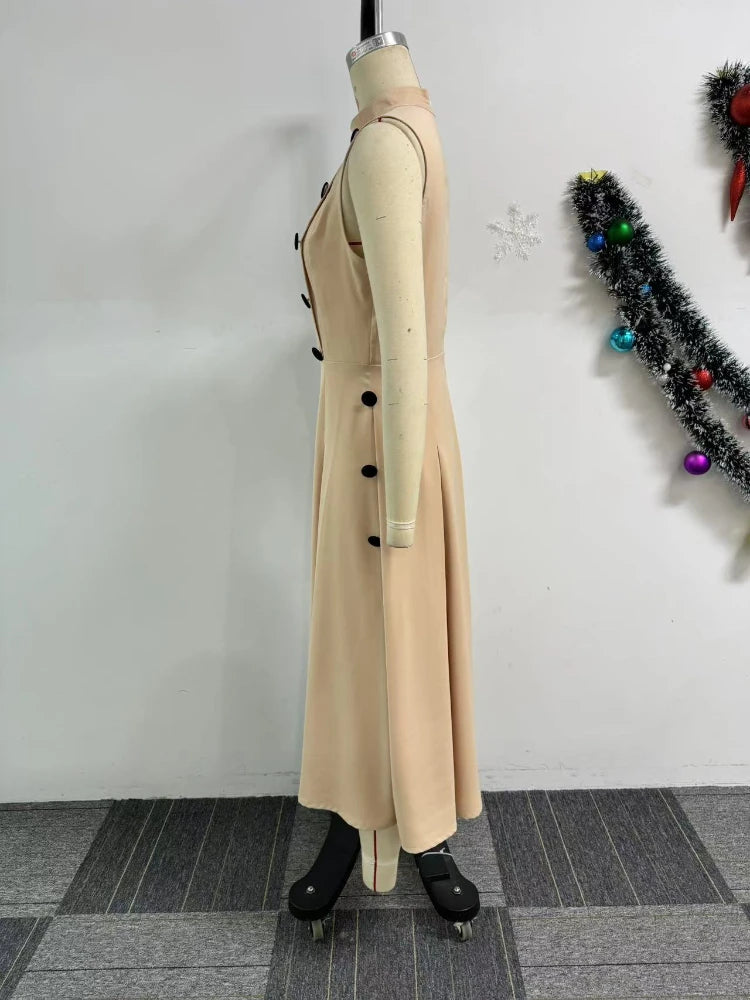 Khaki Tank A Line Half High Collar Sleeveless Button High Waist Dress