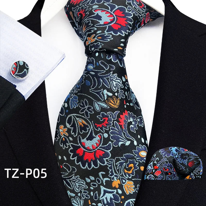 Orange Novelty Ties Plaid Flower Design Wedding Necktie Hanky Cufflinks
