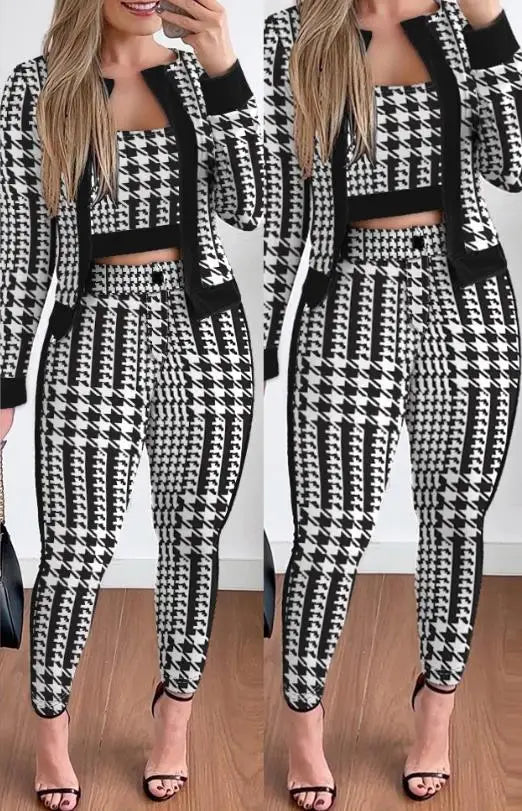Spring Fashion Plaid Print Contrast Paneled Open Front Long Sleeve Coat & Elegant Skinny Pants Set
