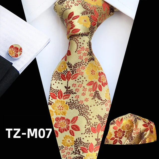 Floral  Neck Tie Set Handkerchief Brooch Cufflinks Men Accessories