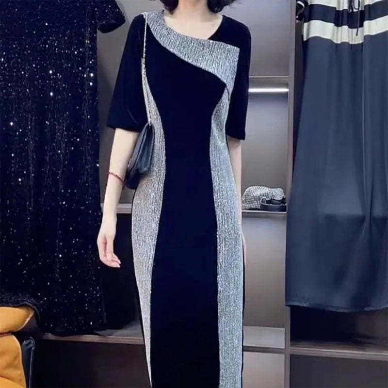 Patchwork Contrasting ColorsTemperament Light Loose Slim High Street Midi Dress