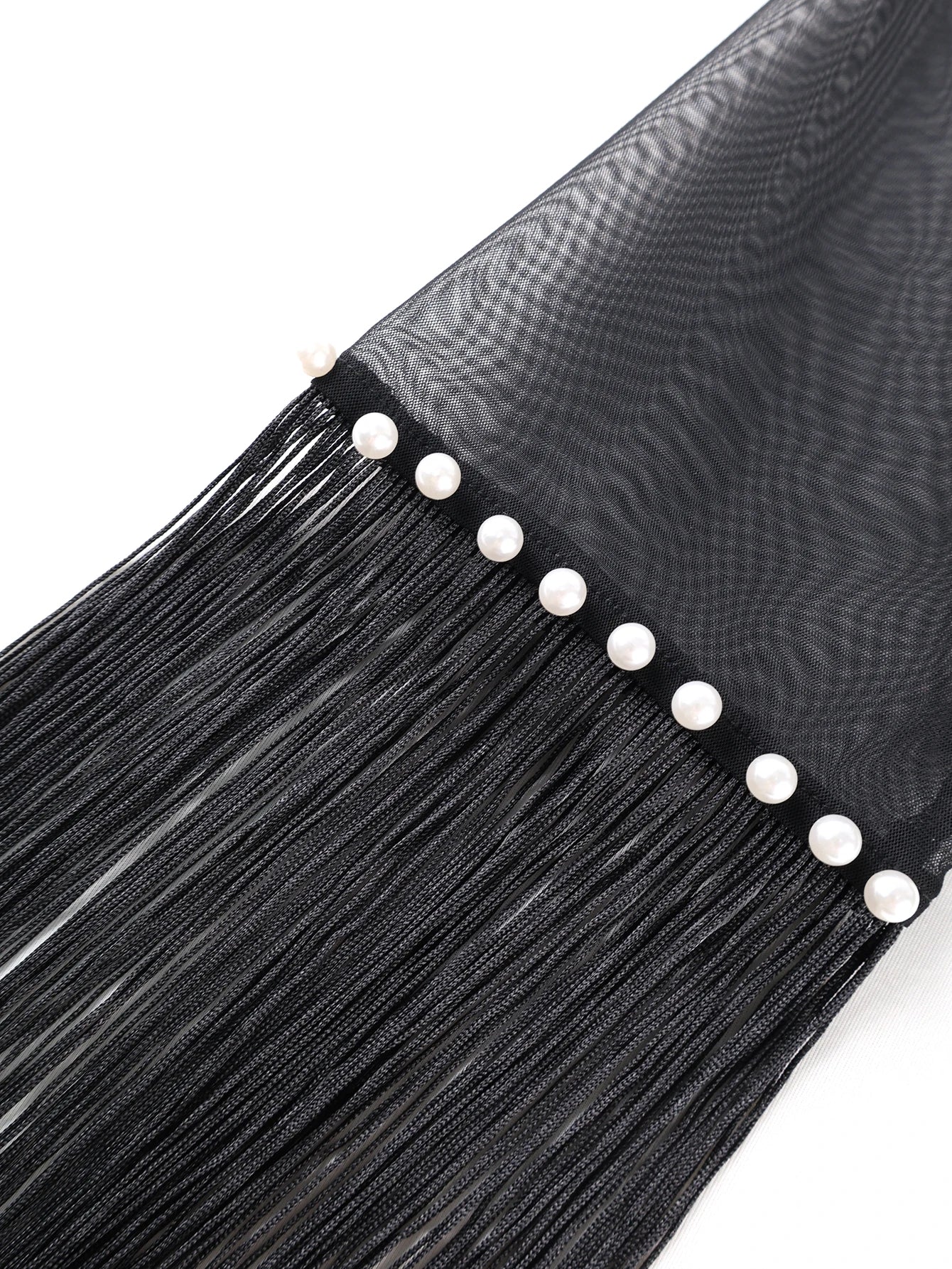 Stylish Sheer O Neck Beading Pearl High Waist Tierred Slim Bodycon Fringe Mini Dress