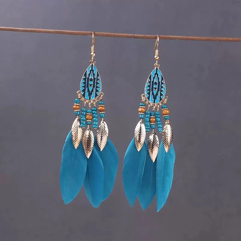 Boho Long Feather Dangle Earrings – Handmade Tassel & Enamel Flower Statement Jewelry for Women