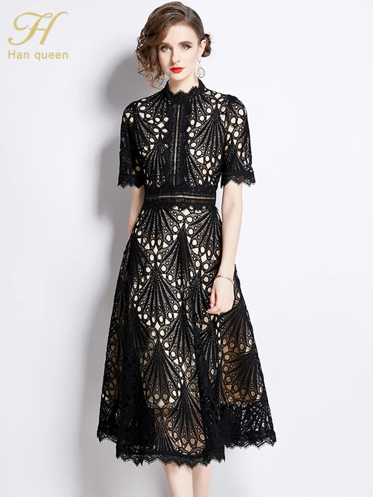 Spring New Elegant Floral Crochet Hollow Out Lace Patchwork Casual Office Midi Dress