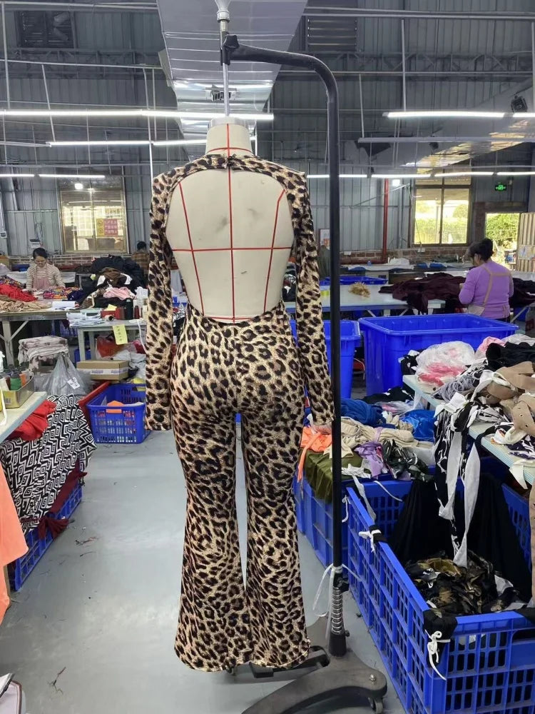 Printed Long Sleeve Backless Jumpsuit