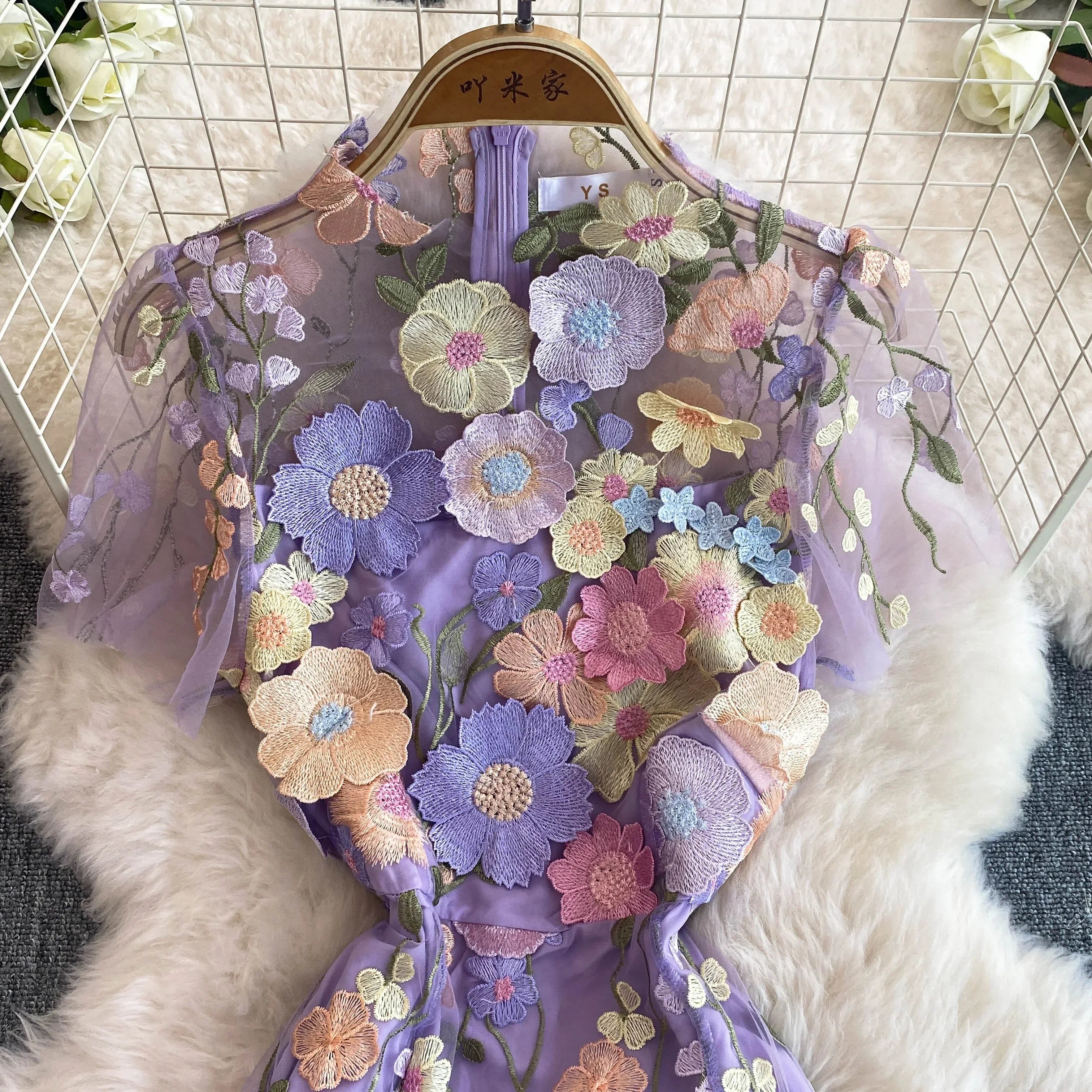 Summer High-end Embroidery Lace 3D Flower Short Sleeve Long Dress