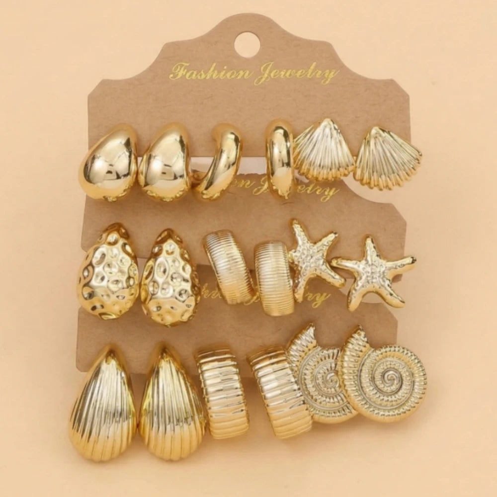 9-Pair Golden Resin Earrings Set – Starfish, Seashell &amp; Textured C-Shape Collection