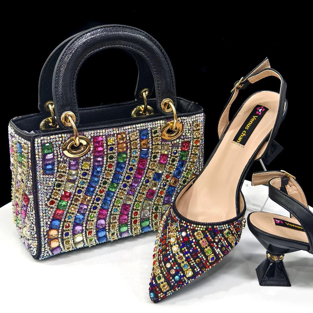 Shiny Italian Fashion Pointed Toe Heels & Rhinestone Bag Set