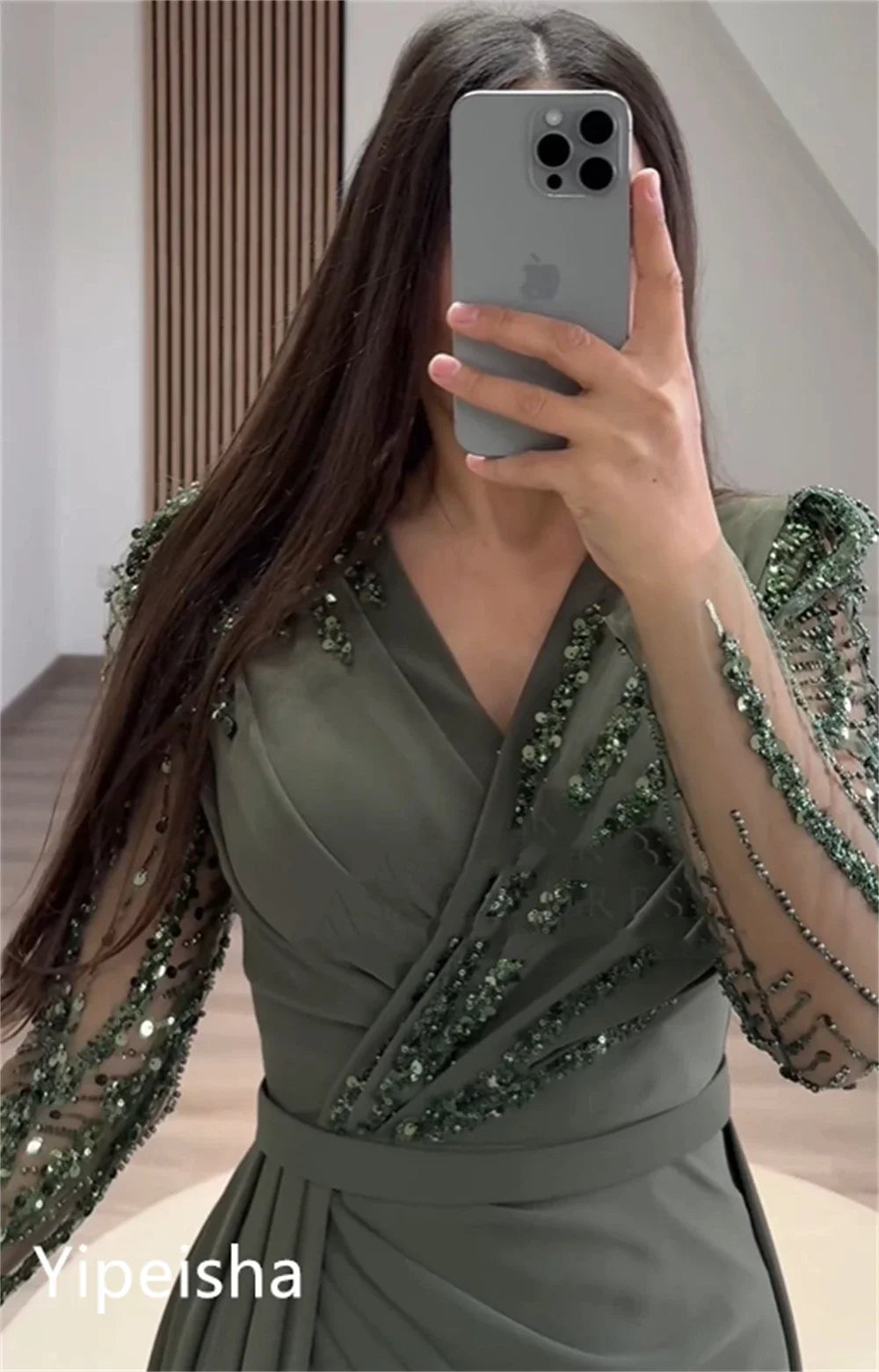 Customized Elegant V-neck Sheath Celebrity Sequin Flowers Fold Satin Prom Dresses vestidos para mujer gala