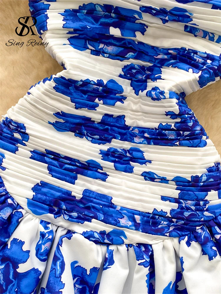 Floral Print Summer 2026 Backless Stretchy Slim Pleated Strapless Mini Dresses