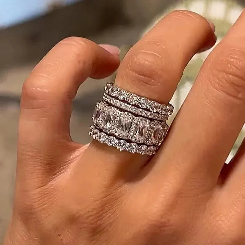 4Pcs Set Modern Fashion Female Rings Sparkling CZ