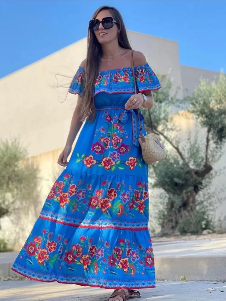 Spring Summer Red Floral One-Shoulder Lace-Up Maxi Dress