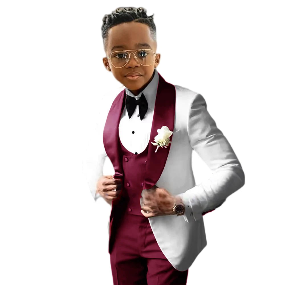Suit for Boys Wedding Tuxedo – 3 Piece White Jacket, Royal Blue Pants &amp; Vest | Slim Fit Tailored Kids Blazer Set