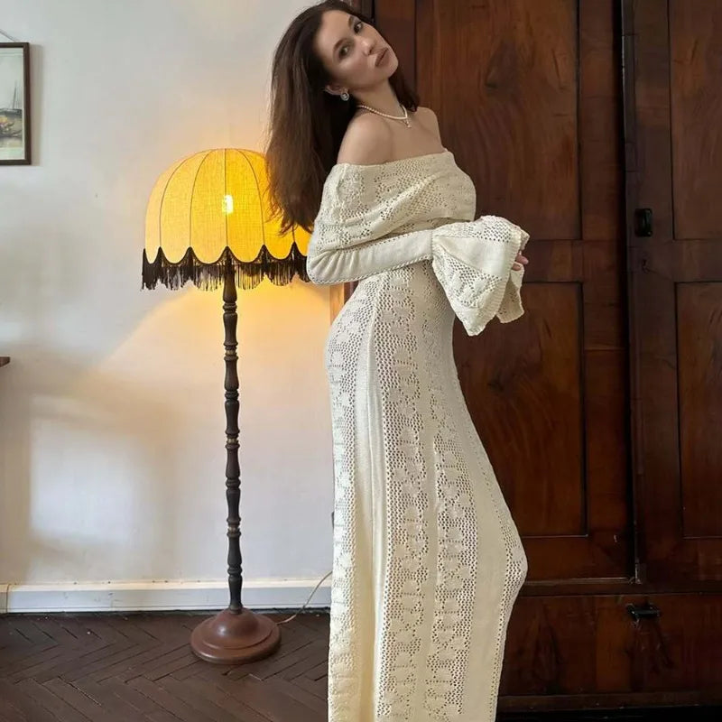 Elegant Knitted Fashion Hollow Out One Shoulder Vacation Long Dresses