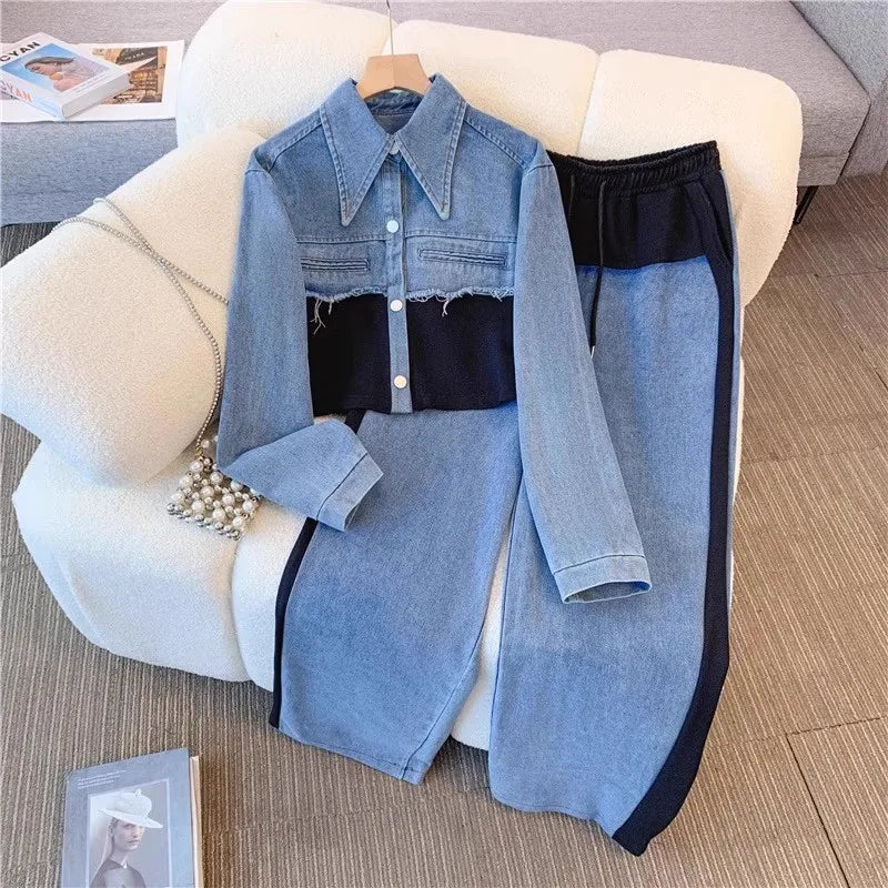Spring Top Wide Leg Long Pants Casual Loose Lace Up High Waist Denim Splice Matching Sets r