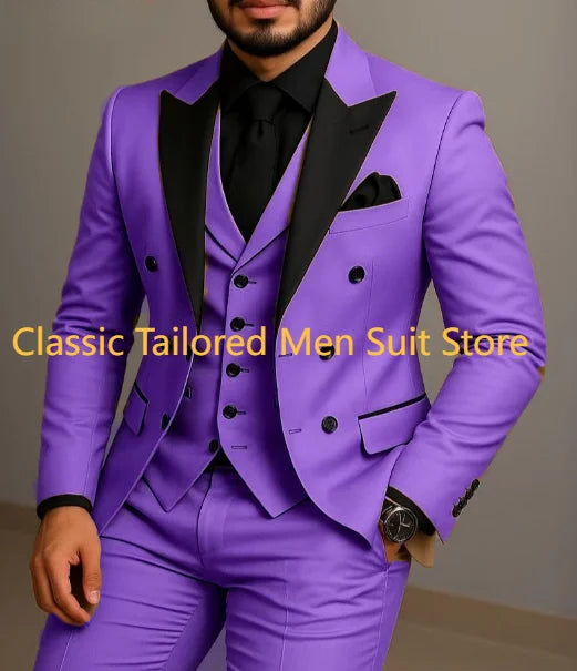Beige Double Breasted Suit  Black Lapel  Slim Fit Wedding Suit