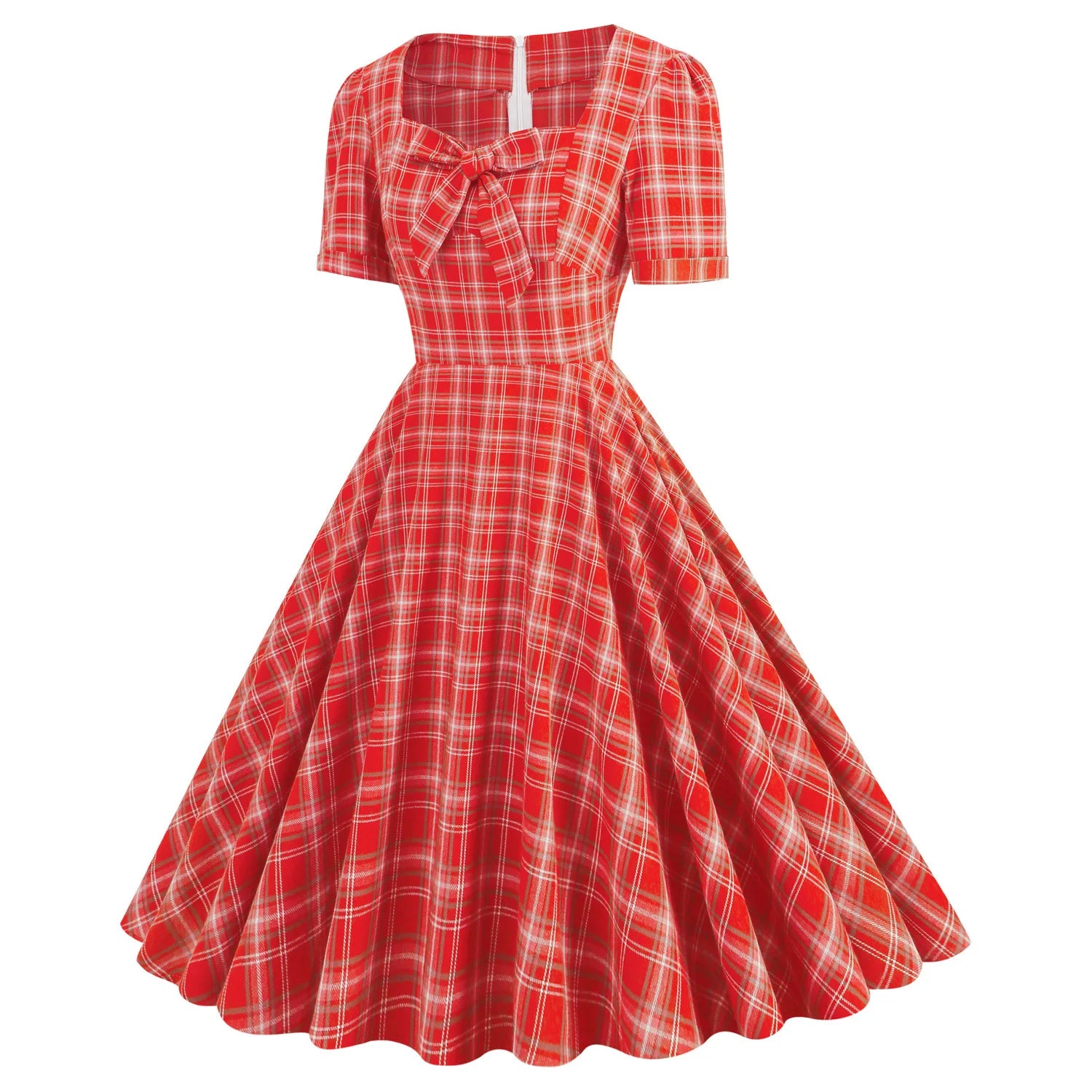 England Style Casual Vintage Short Sleeve Square Neck Bow 50s Pinup Swing Dress