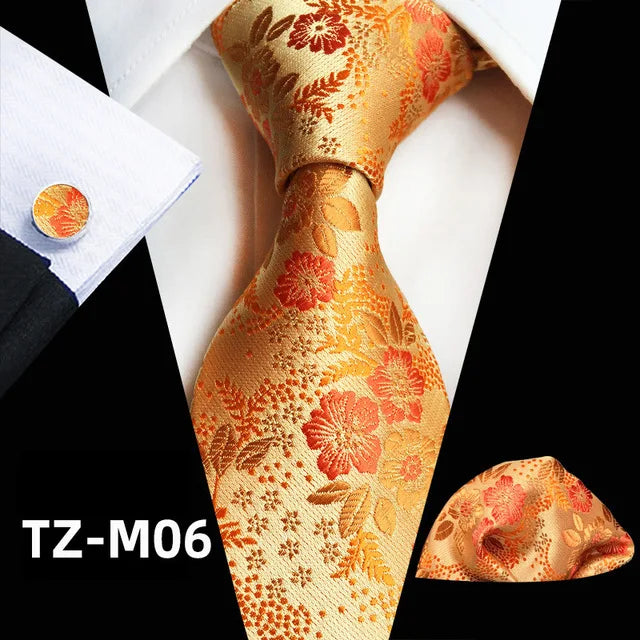 Floral  Neck Tie Set Handkerchief Brooch Cufflinks Men Accessories