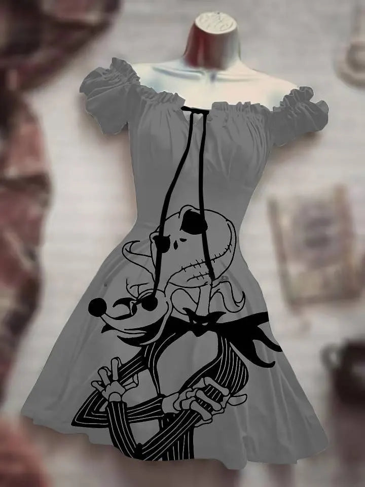 Summer 3D Print Horror Skull White Light Halloween Dress