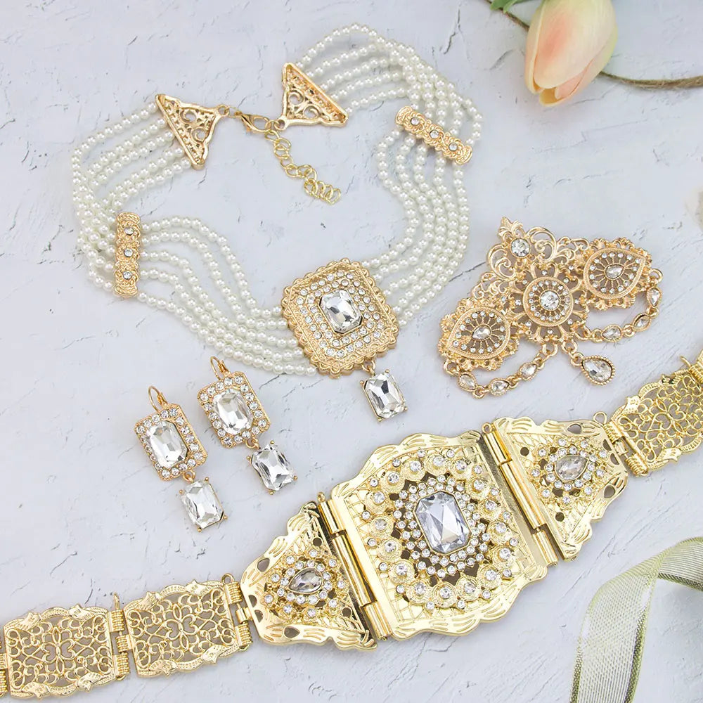 Chic Moroccan Caftan Belt Waist Chain Bead Choker Necklace Crystal Earring Brooch Pin Gold Color