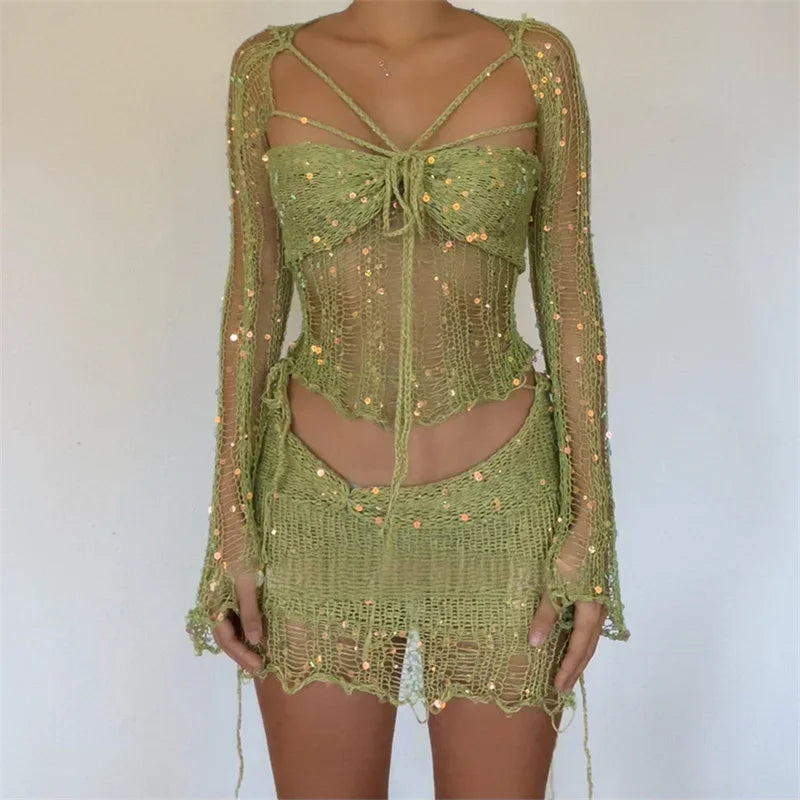 Glitter Sequins Knitted Skirt Sets Women 3 Piece Outfit