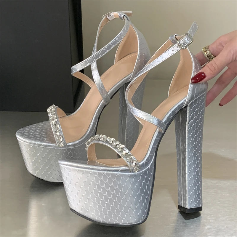 Crystal Diamond Chunky Platform Buckle Strap Shoes