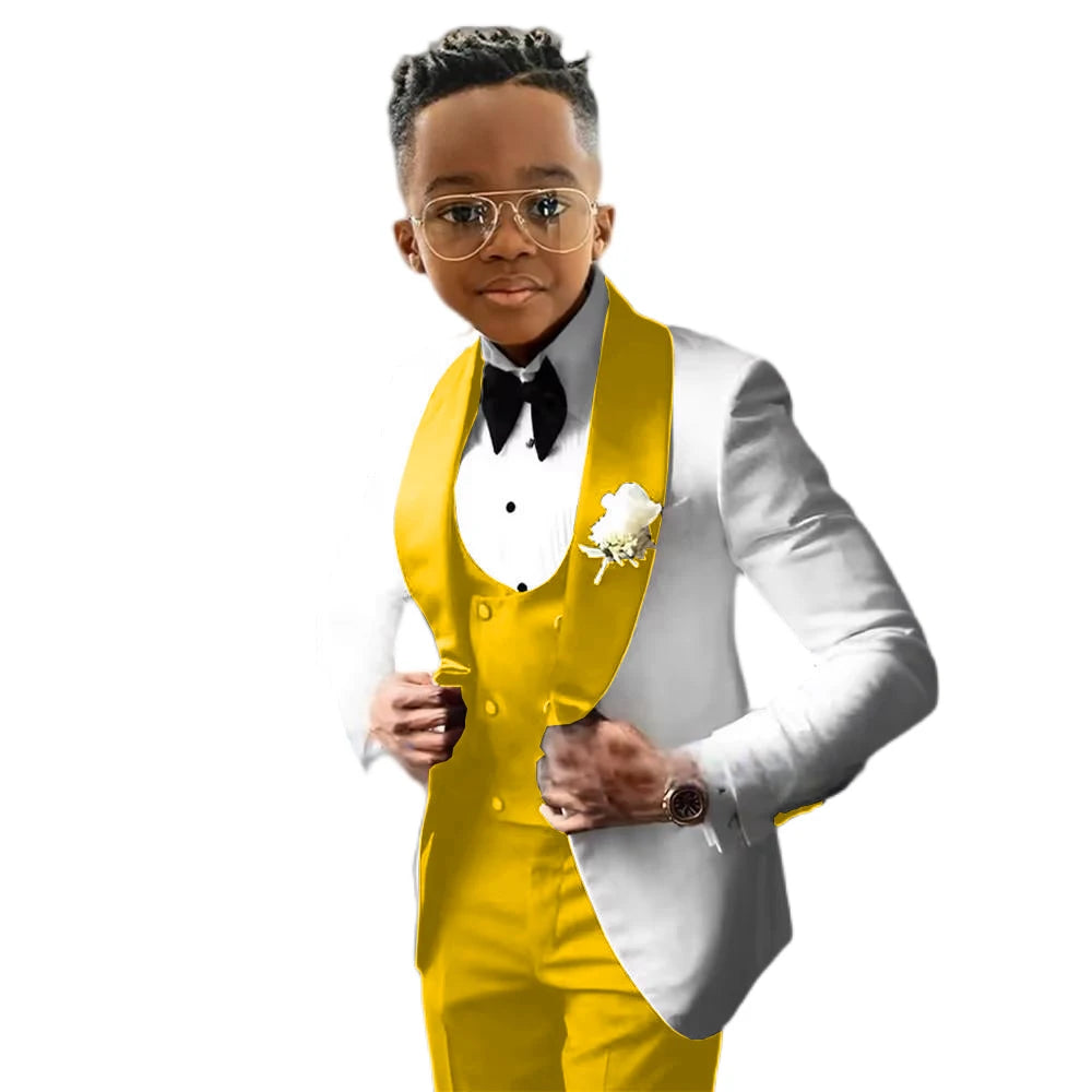 Suit for Boys Wedding Tuxedo – 3 Piece White Jacket, Royal Blue Pants &amp; Vest | Slim Fit Tailored Kids Blazer Set