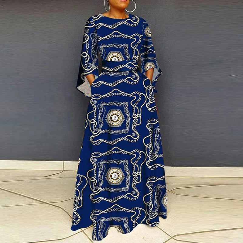 Vintage WPlus Size O Neck 3/4 Sleeve Leopard Print Maxi Long Dress
