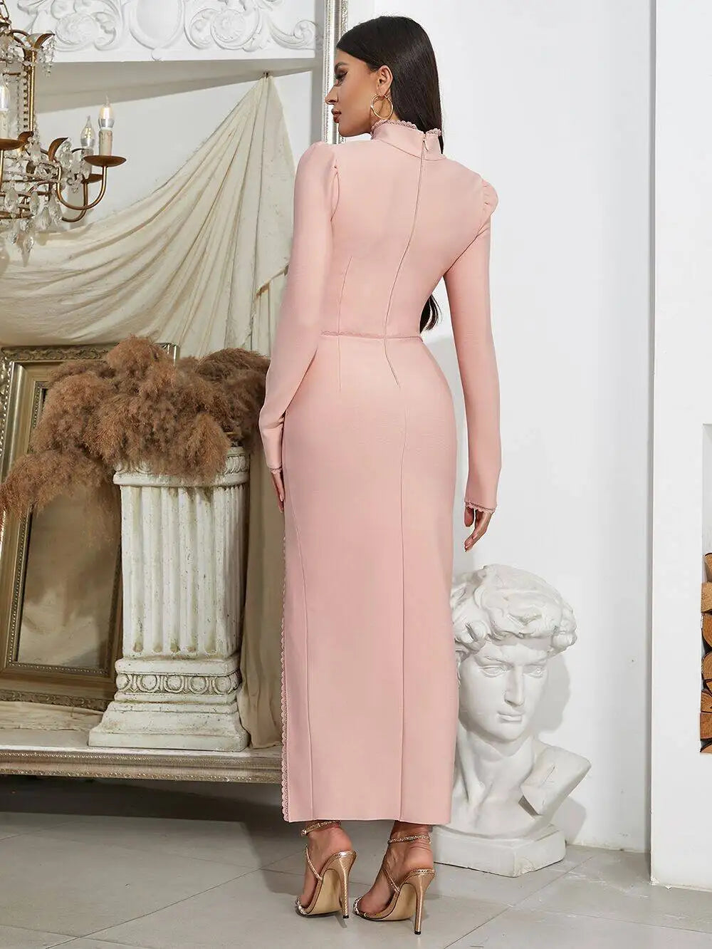 Sexy Striped Long Sleeve Square Collar Lace Up Midi Calf Bandage Dress