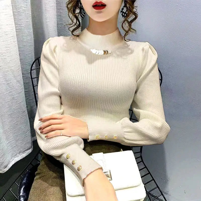 Elegant Solid Color Button Puff Sleeve Sweaters
