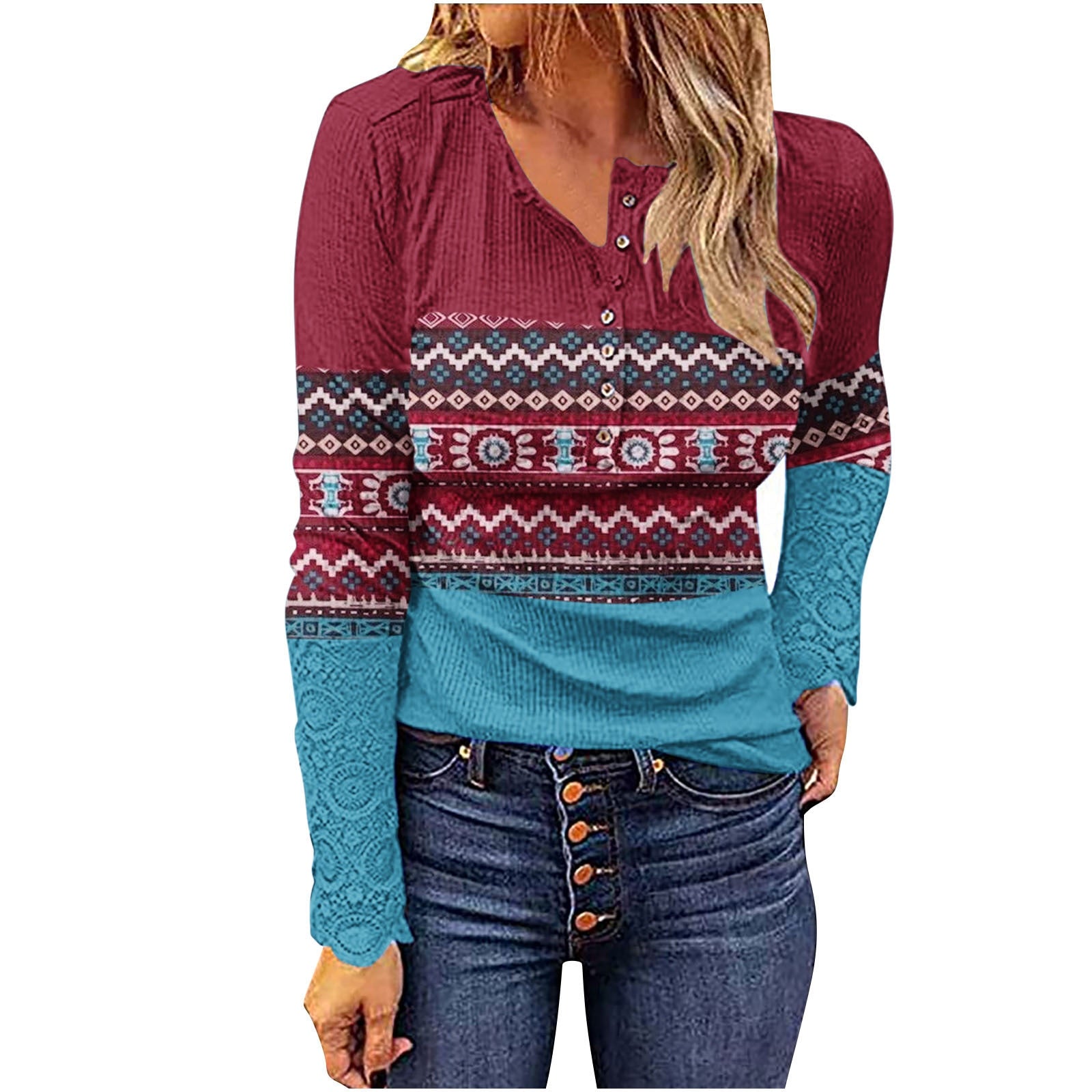 Autumn Winter Geometric Print Western Ethnic Style Casual Pullover V Neck Button Long Sleeve Shirt