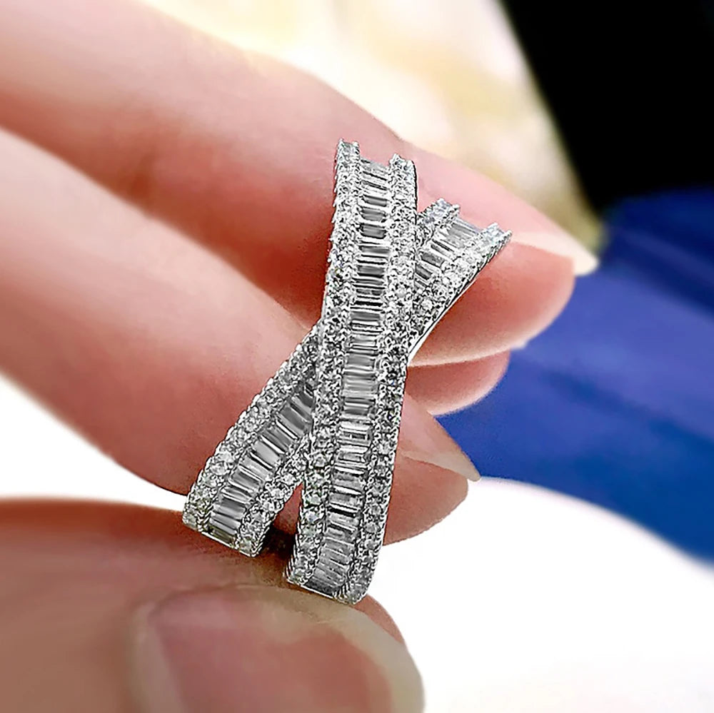 Luxury 100% 925 Real Silver High Carbon Diamond Cross Wedding Rings for Women