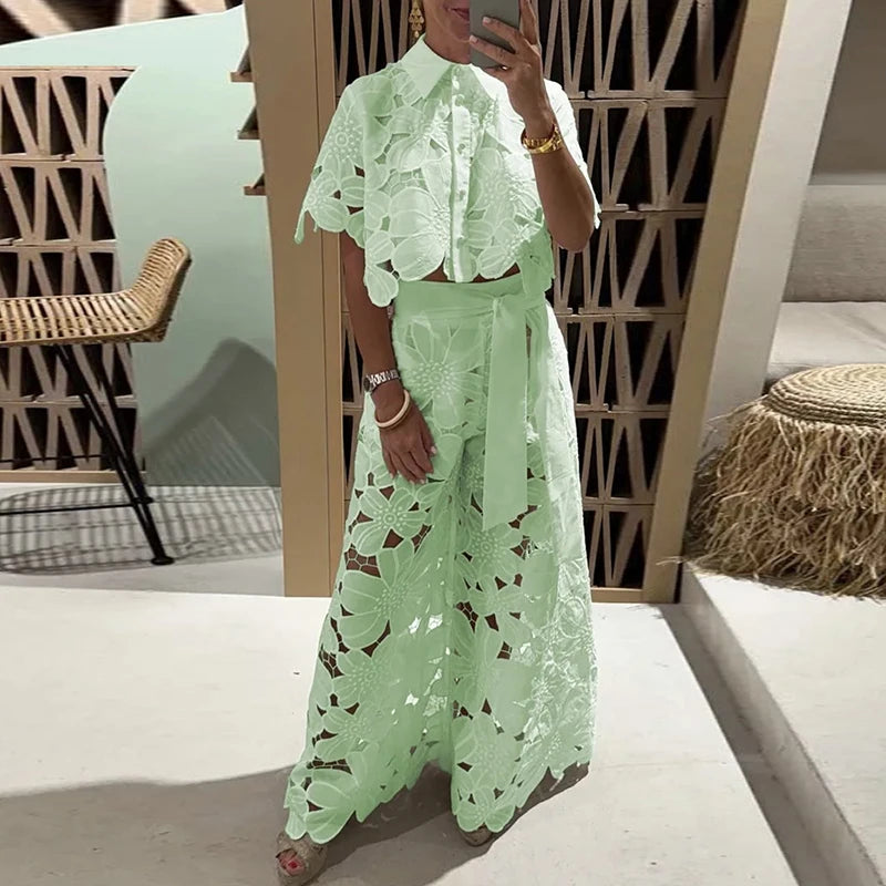 Spring Embroidery Hook Flower Hollow Crochet  Polo-Neck Button Tops+Wide Leg Pants Outfits