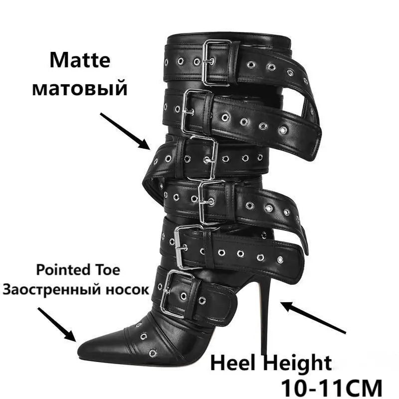 Pointed Toe Mid-Calf Boots Buckle Strap Thin High Heel