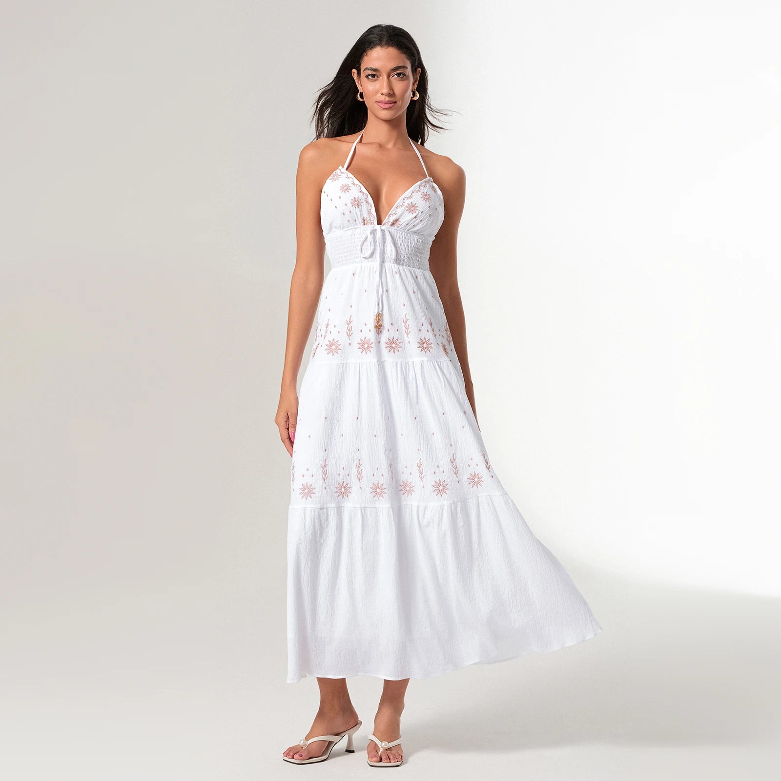 Summer Casual Flower Embroidery Tie-Up Halter Neck Sleeveless Dress