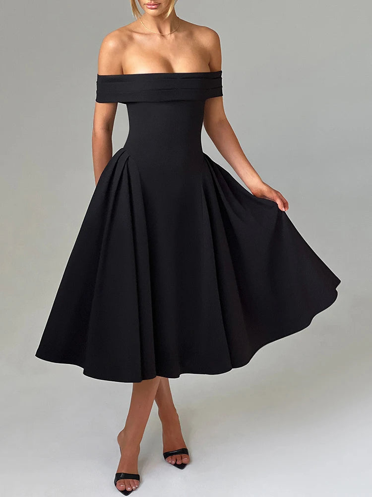 Off-shoulder Backless  Solid Strapless Sleeveless A-line Loose Pleated Long Dress