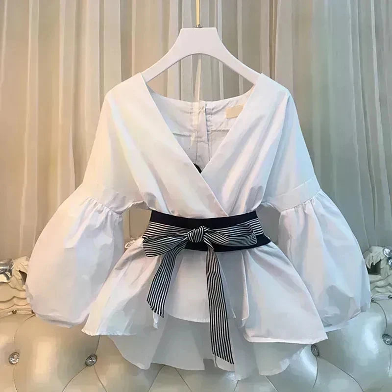 Women’s Elegant V‑Neck Chiffon Top & Korean Ripped Jeans Set