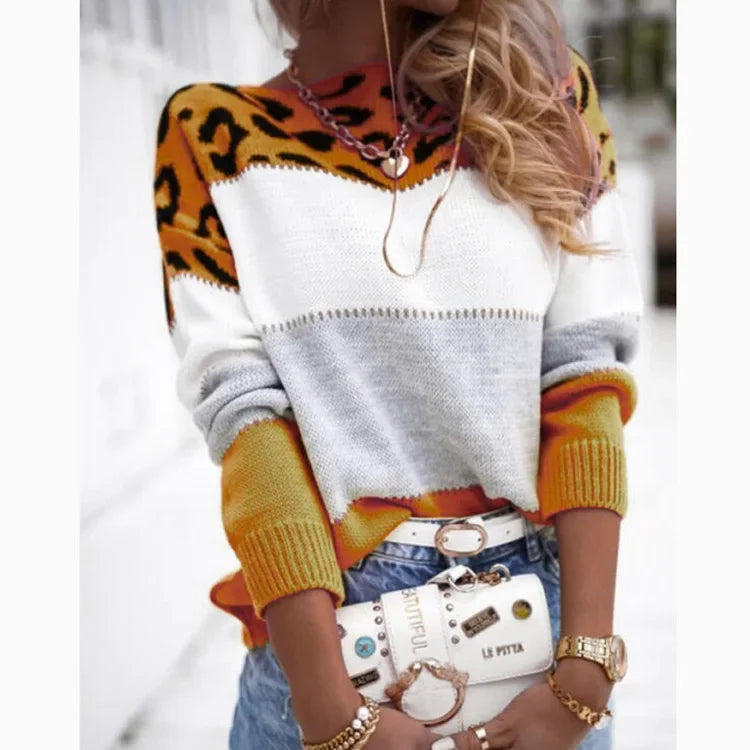 Leopard Print Tops Knitted Mock Neck Full Sleeve Casual Knit Sweater
