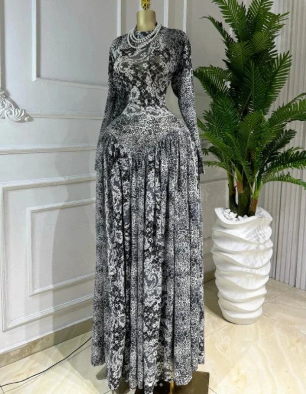 Plaid Round Neckline Long Sleeve Fit and Flare Long Maxi Dress