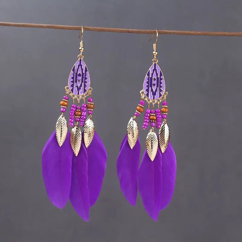 Boho Long Feather Dangle Earrings – Handmade Tassel & Enamel Flower Statement Jewelry for Women