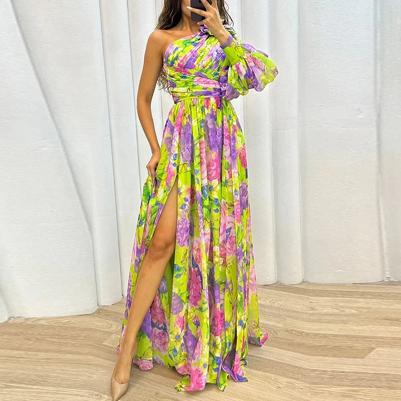 High Split Loose Hem One Shoulder Print Beach Party Dress