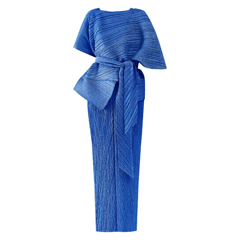 High End Fashion Pleated Irregular Belt Shawl Sleeveless Backless Long Dresses