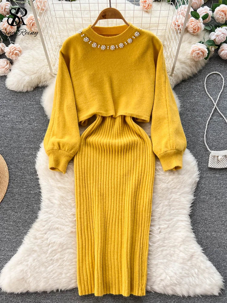 Winter Knitted Fashion Breading Long Sleeve Pearl Sweater+Knitted Camis Dress Sets