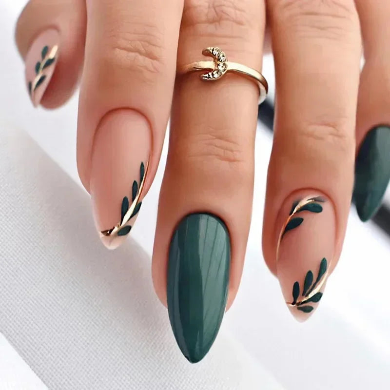 24Pcs Simple Almond Fake Nails with Green Leaves Design