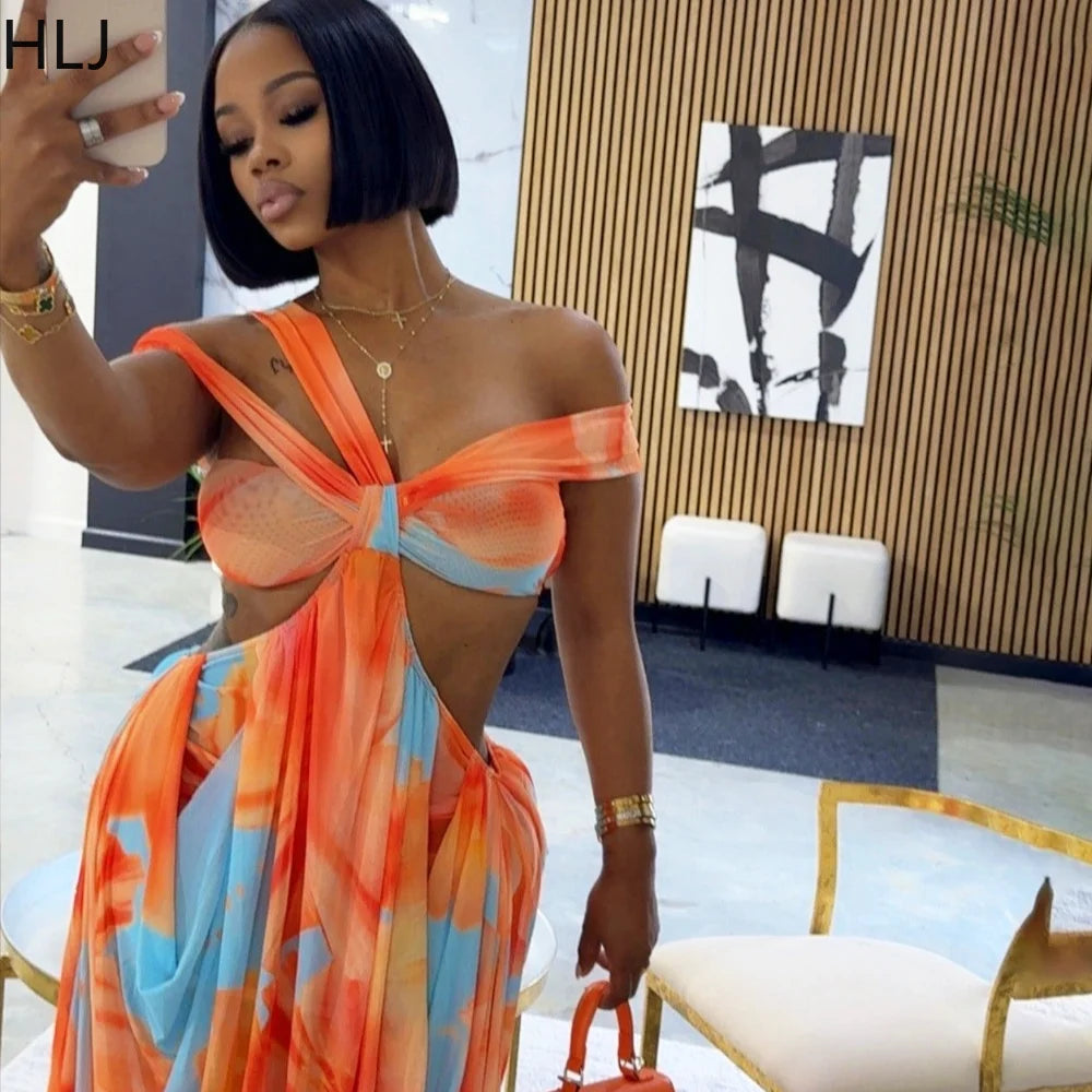 Sexy Tie Dye Patchwork Bodycon One Shoulder Hollow Out  Backless Long Dress for Beach