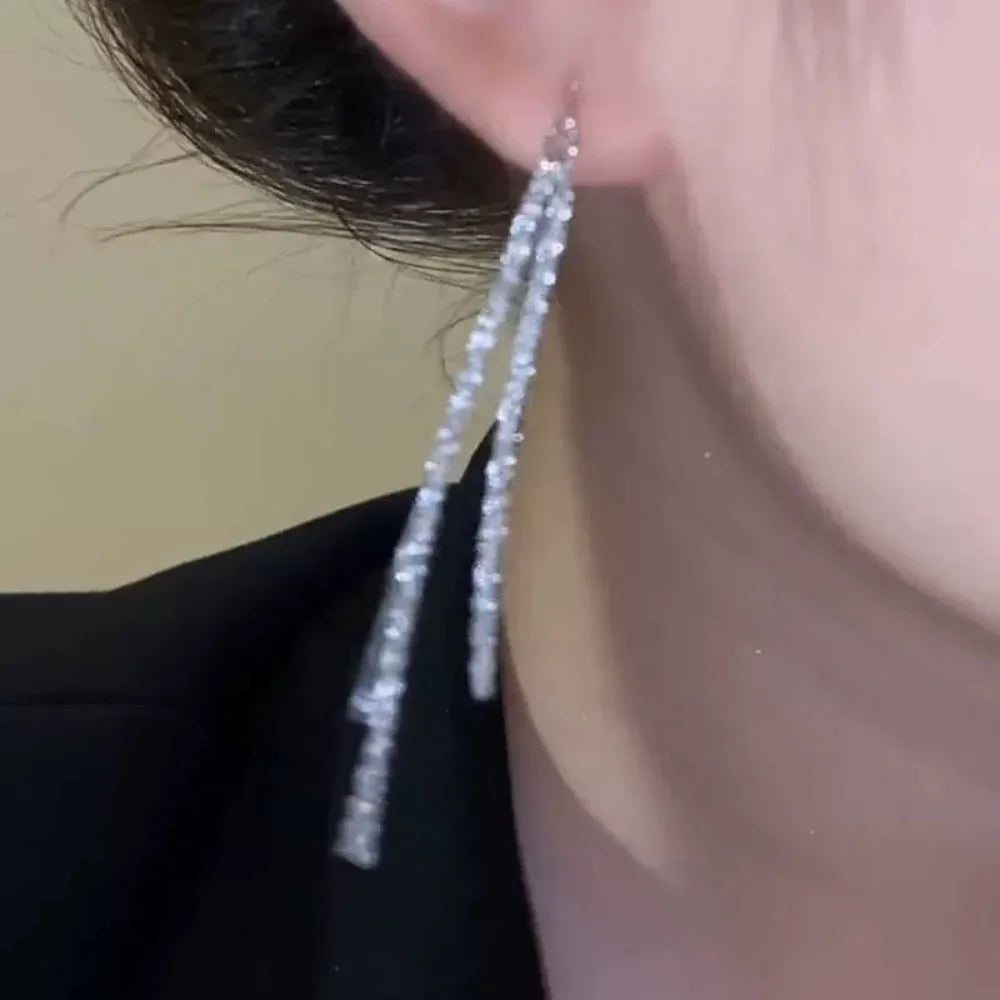 Classic Fashion Long Tassels Shiny Silver Color Drop Dangle Earrings
