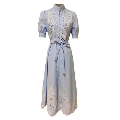 Chic Lapel Long Sleeve High Waist Lace Up Elegant Embroidered Maxi Dress