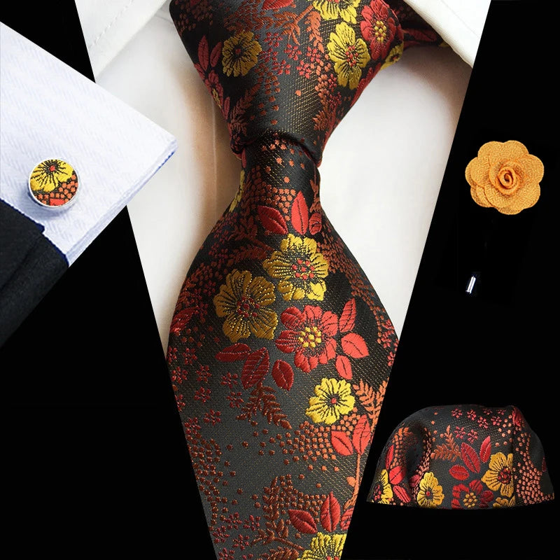 Floral  Neck Tie Set Handkerchief Brooch Cufflinks Men Accessories